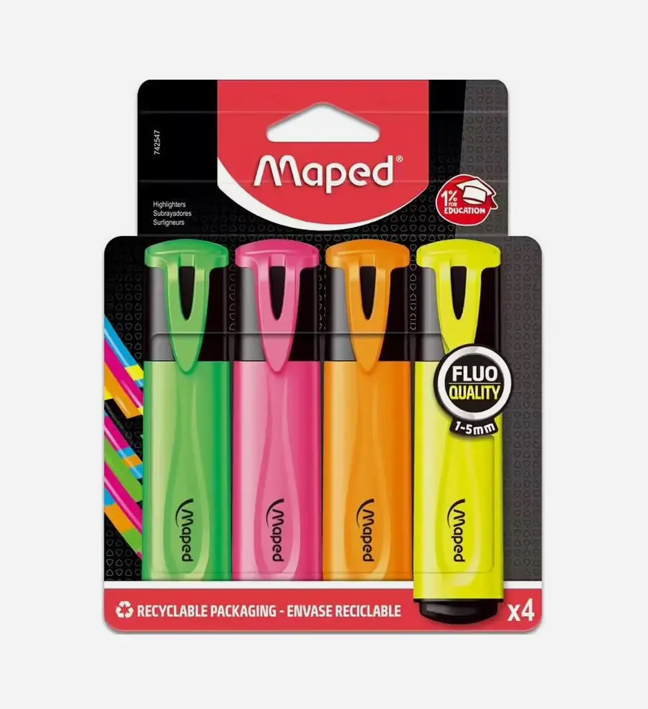 Pochette de 4 Surligneurs Fluo Réf 742547 - Maped
